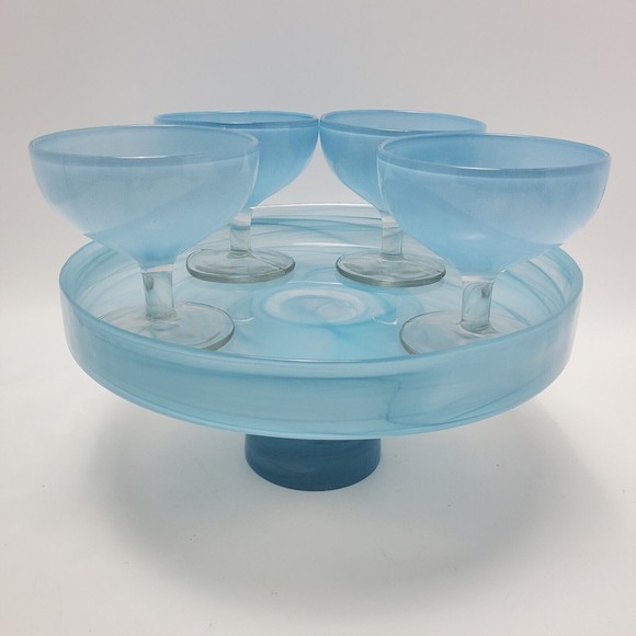 Blue Art Decor Raised Pedestal Platter Plate Cake Stand Wt 4 Ice Cream Wine Cups - Picture 1 of 12